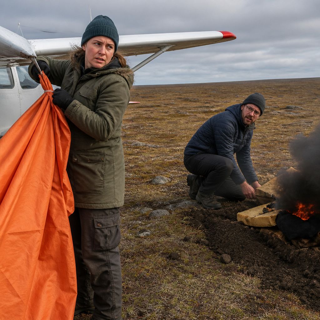 Two people securing an orange tent fly on a small plane wing and tending a smoky fire on tundra.