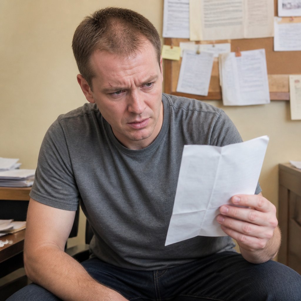 Man scrutinizing hospital forms with a look of confusion.