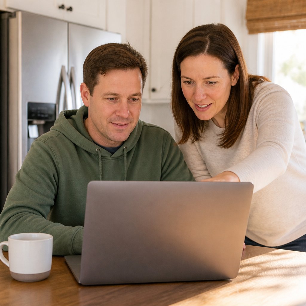 Man and sister reviewing warehouse footage and payroll times in kitchen