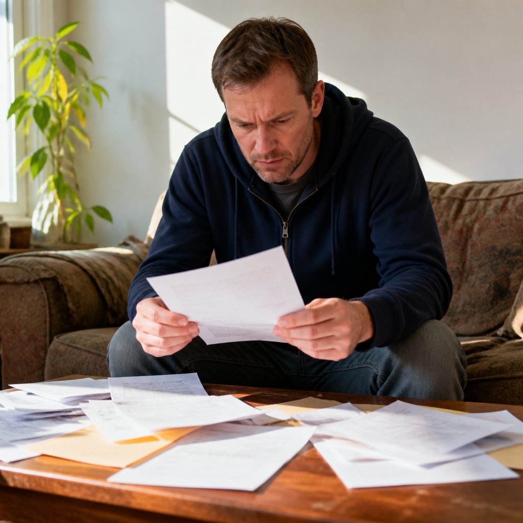 Man reviewing police reports in living room looking concerned