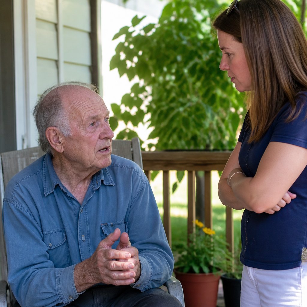 Man nervously discussing a secret document with woman on porch