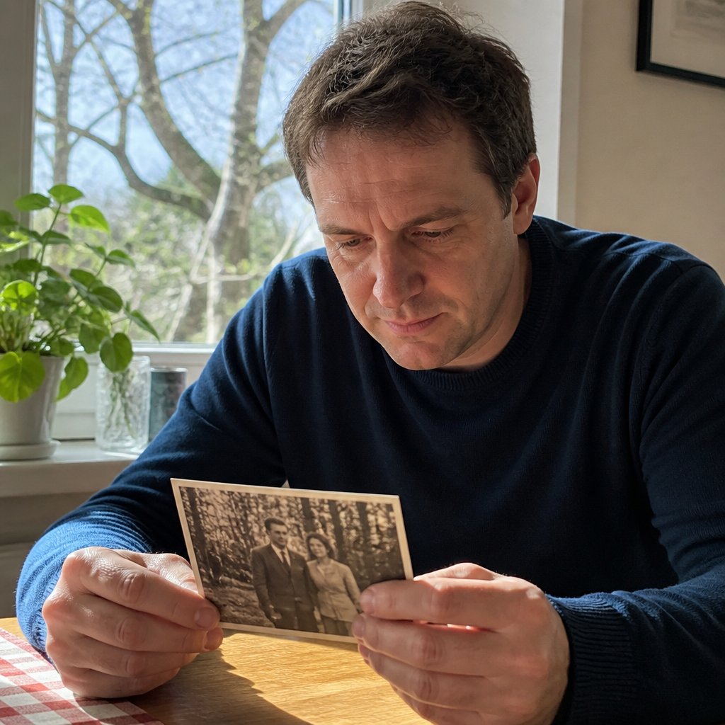 Man examining faded photo on dining table, deep in thought.