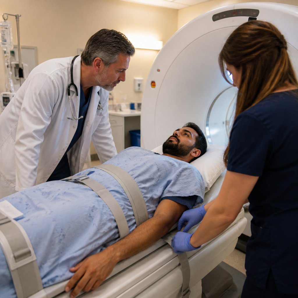 Patient on CT table with ED doctor and nurse leaning over him in the scanner room.