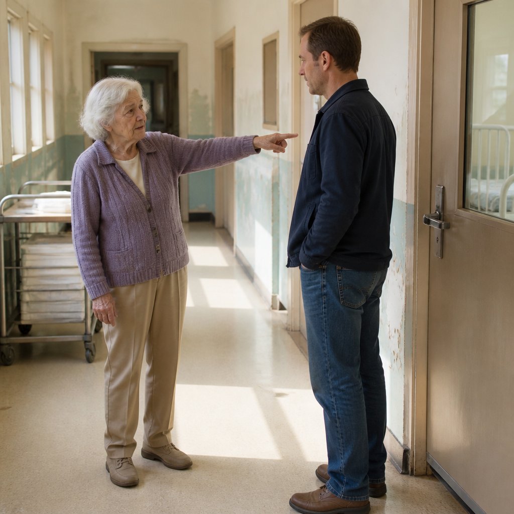Elderly nurse in cardigan standing in a worn hospital corridor, pointing toward a nursery door, recalling a past event.