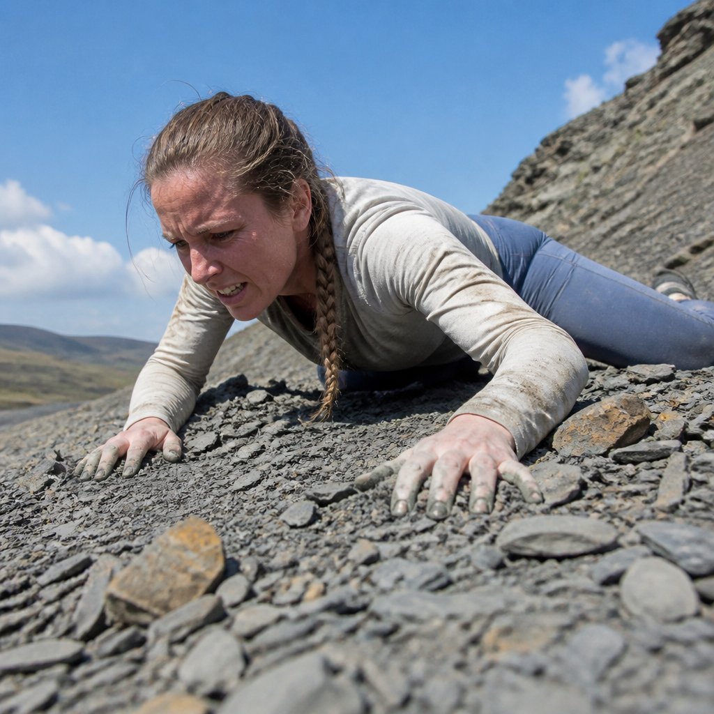 Woman crawling on a shale slope, palms scraping over gravel as she pulls herself forward.