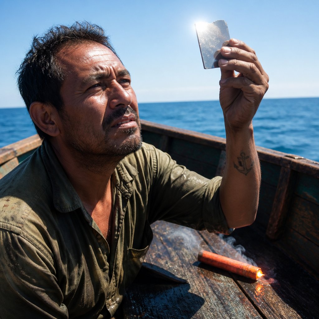 Man in olive shirt holding mirror to sky next to spent emergency flare on small boat during daytime.