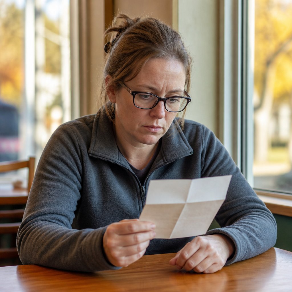 Woman sitting in café with folded letter, looking tense and uncertain.