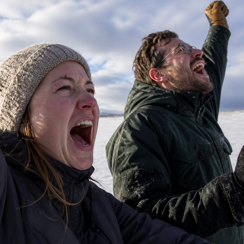 A woman and man shouting and waving arms in snowy tundra as a distant plane flies overhead.