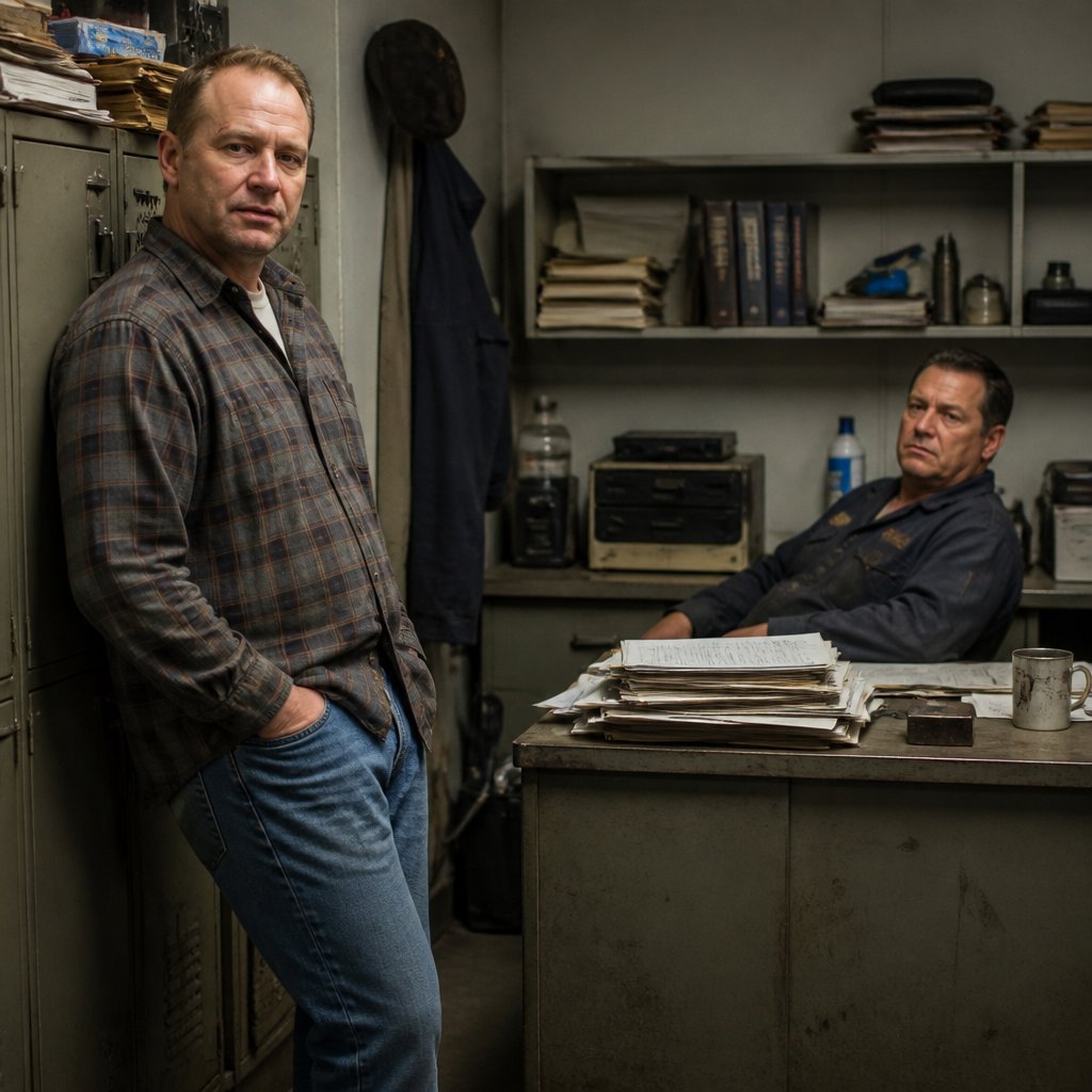 Man leaning on locker listening to factory supervisor near paperwork.
