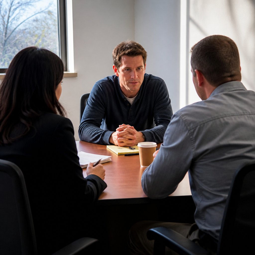 Man meeting Lottery investigators in a small office