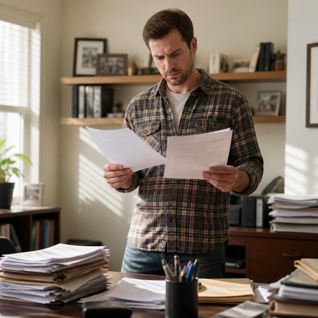 Man examining arrest records at home office desk looking puzzled