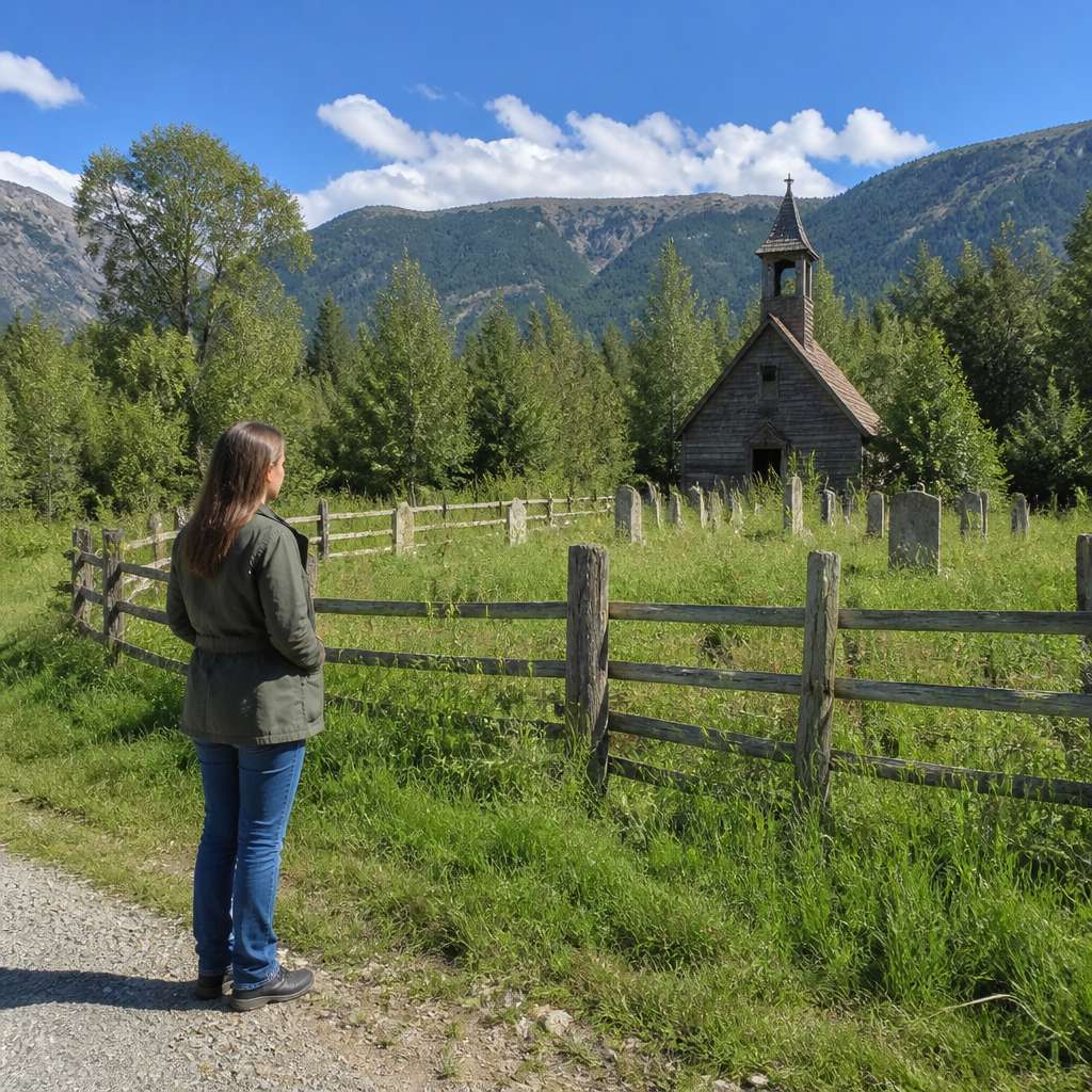 Woman looking at an empty lot and old cemetery beyond