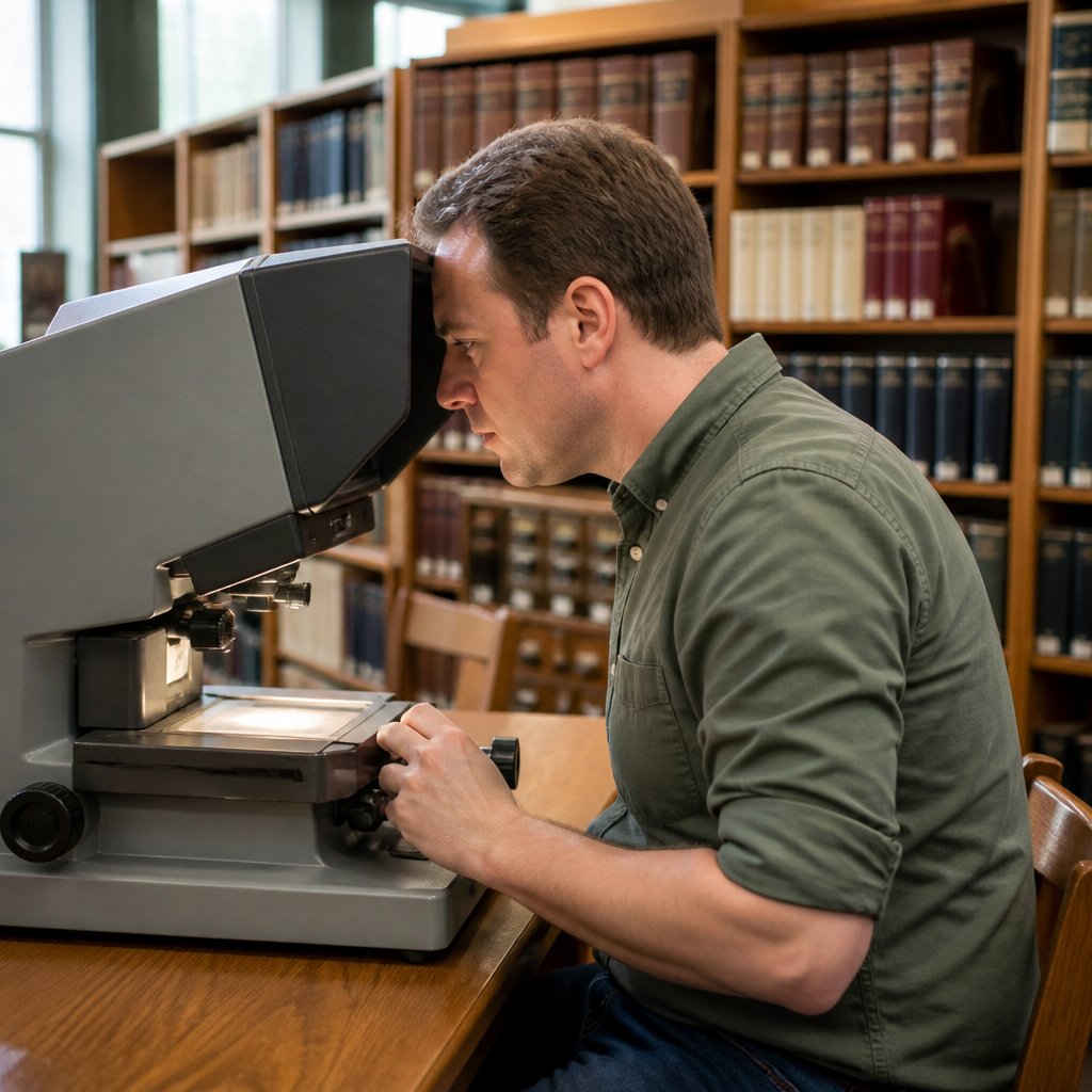 Man using microfilm reader in library, focused and curious.