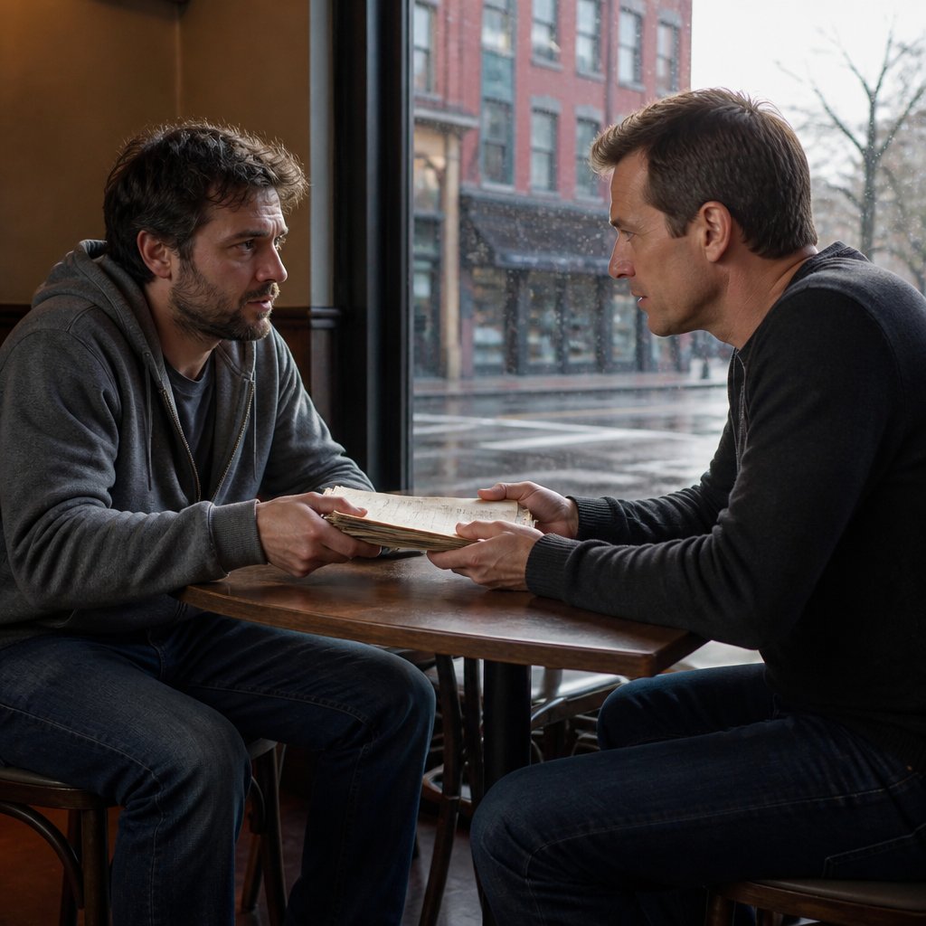 Two men at a cafe table exchanging papers, one wary in a gray hoodie, the other focused with short brown hair, rain visible outside.