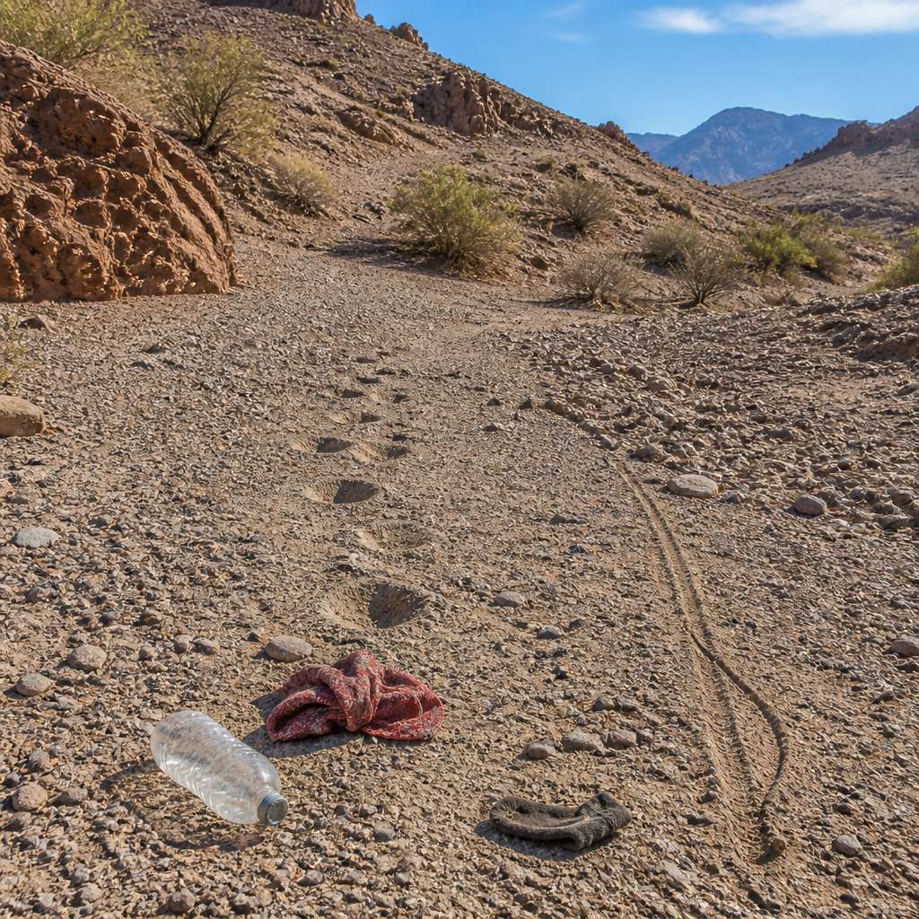 Dusty canyon floor with drag marks, a capped water bottle, and a bandana—signs of recent human passage.