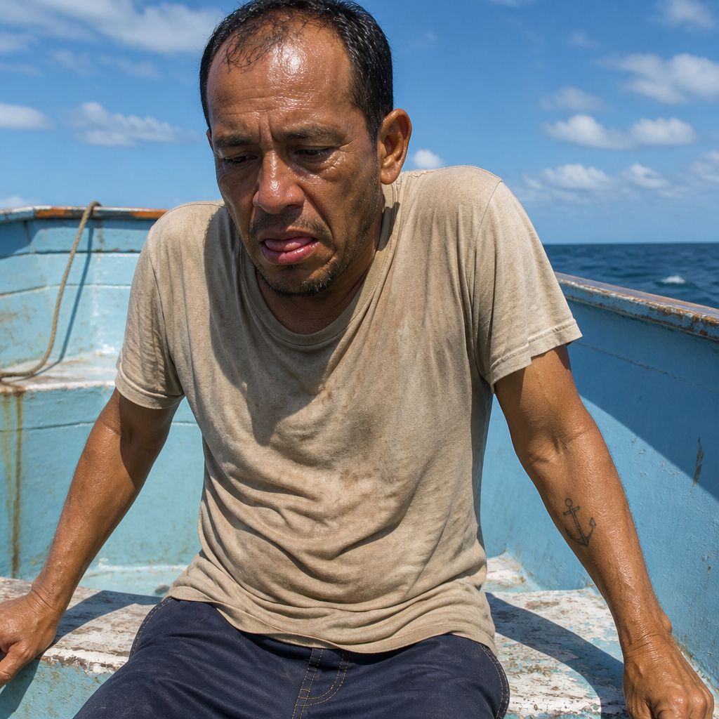 Man with swollen tongue and cracked lips sitting weakly on small boat under harsh sunlight.