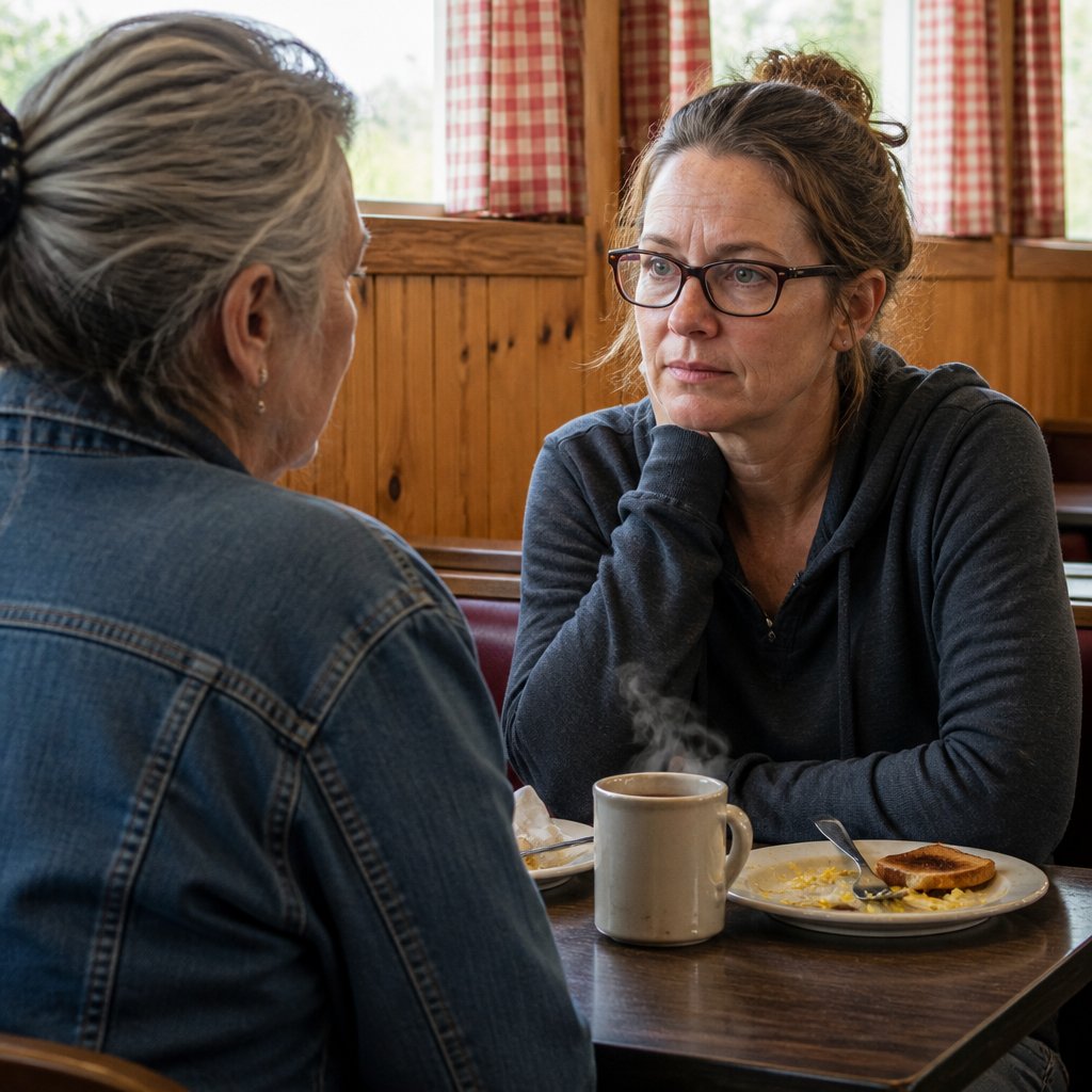Two women in a diner, one older visibly shaken, the younger listening intently.