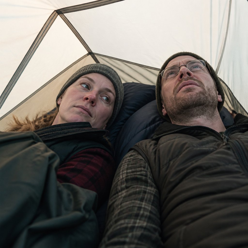 Inside a tent, a worried couple stares at the tent ceiling, faces tense and tired.