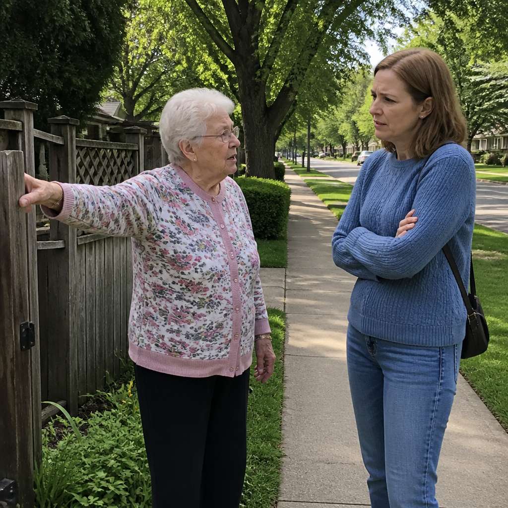 Elderly neighbor talks to a woman at a side gate about seeing a quiet man slipping by at night.