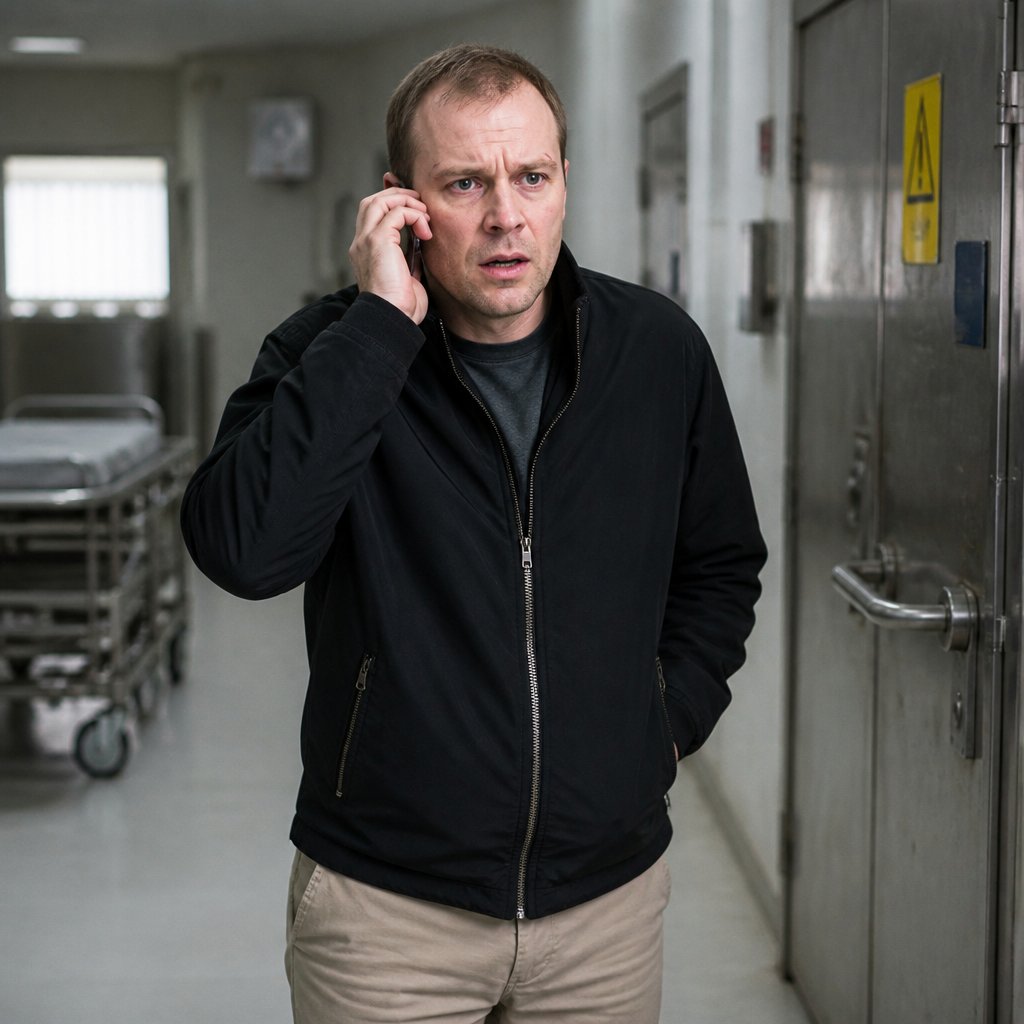 Man on phone in morgue hallway looking confused and tense.