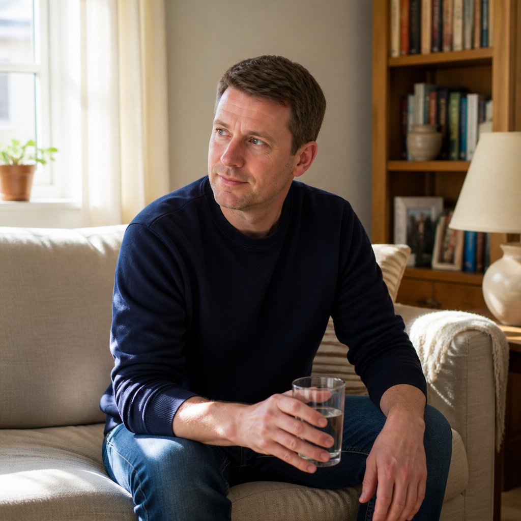 Man sitting on couch with phone buzzing in his pocket