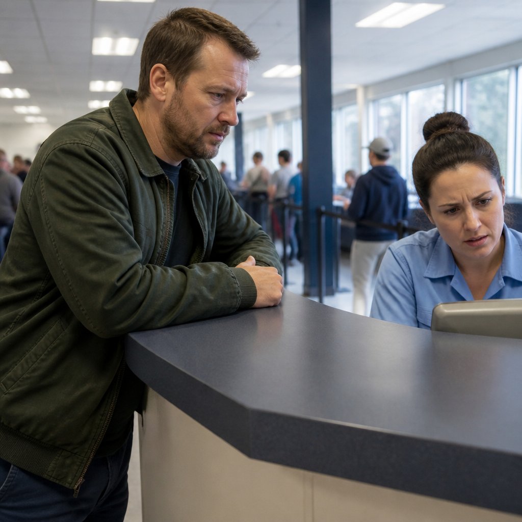 Man at DMV counter with clerk questioning his identity photo