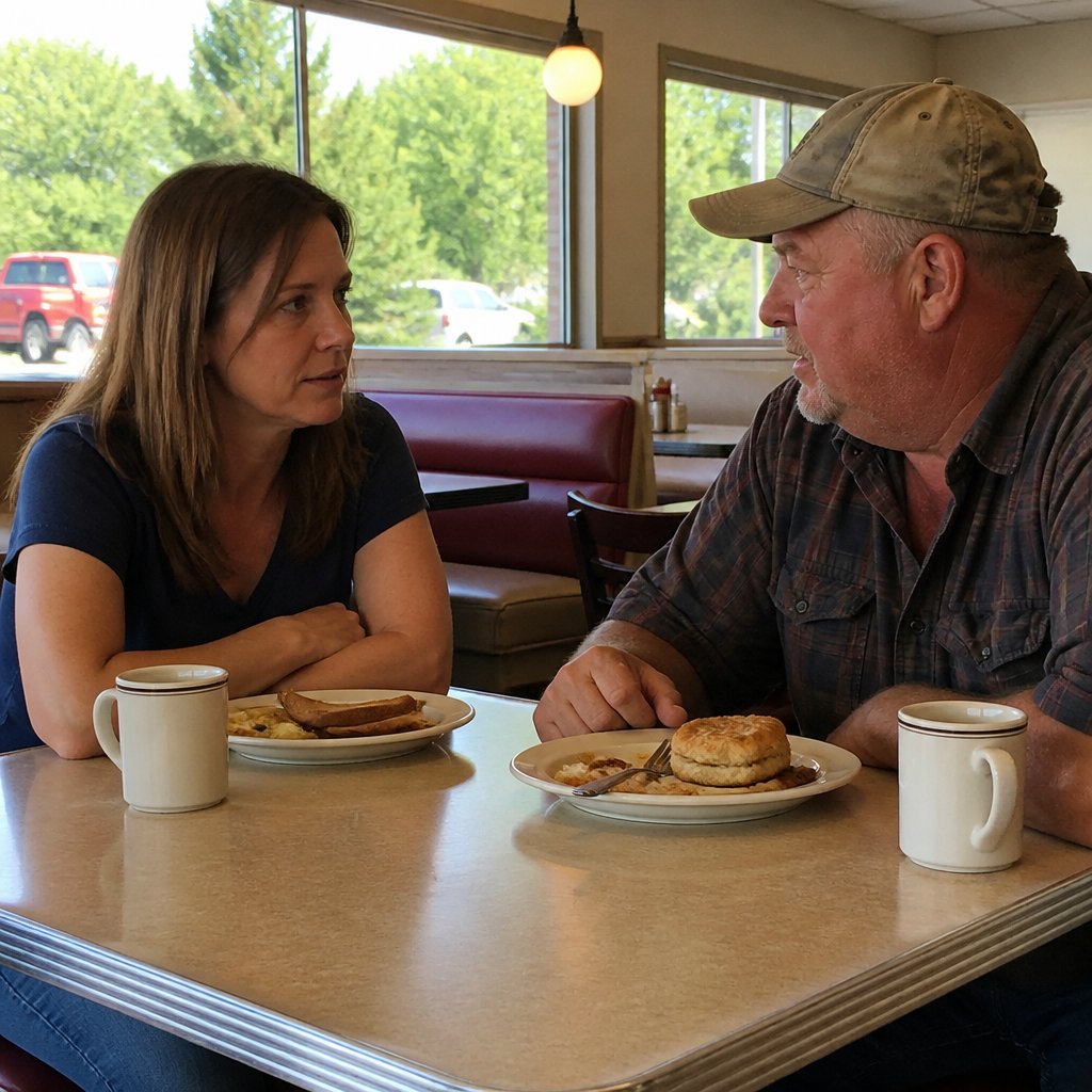 Woman interviewing a retired firefighter in diner