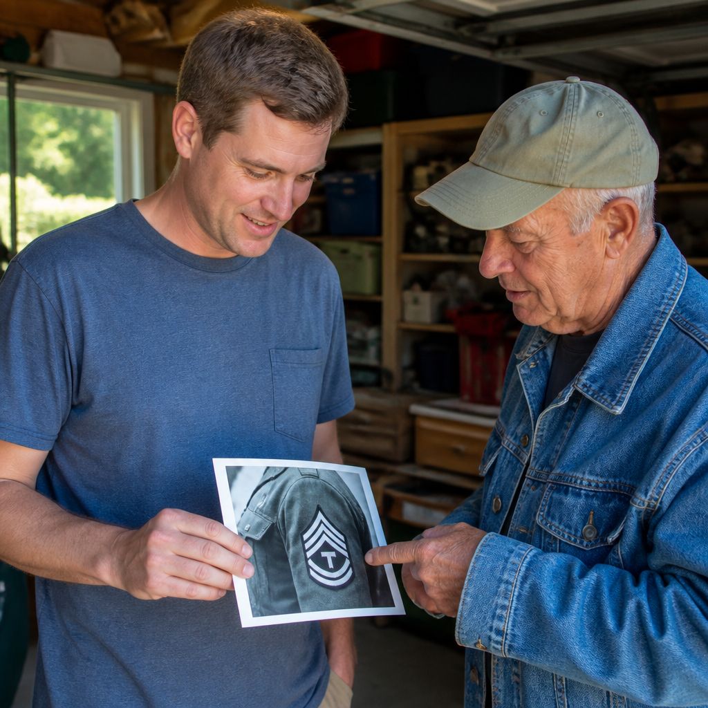 Two men examining a photo of a military patch in a garage.