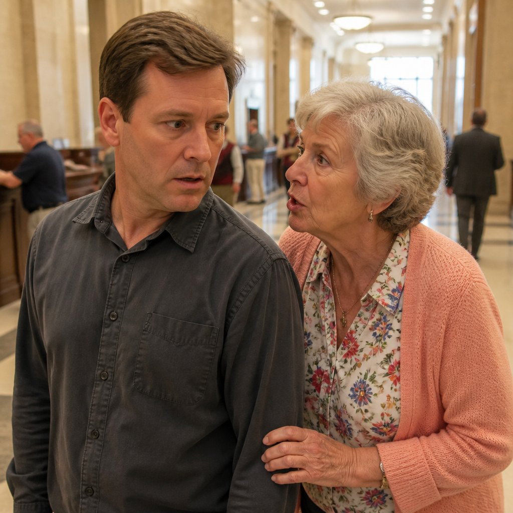 Older woman urgently whispering to a man with short brown hair in a courthouse hallway, tension visible on both faces.