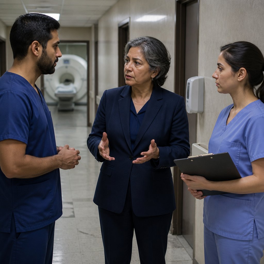 Neurosurgeon speaking with hospital staff in a corridor outside the MRI suite.