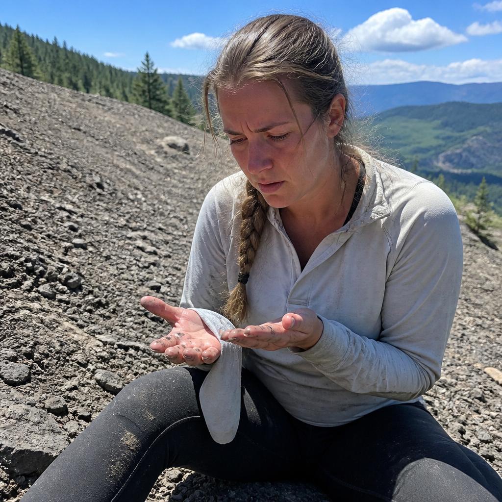 Woman sitting at the base of a collapsed cinder slope, showing raw palms streaked with black grit.