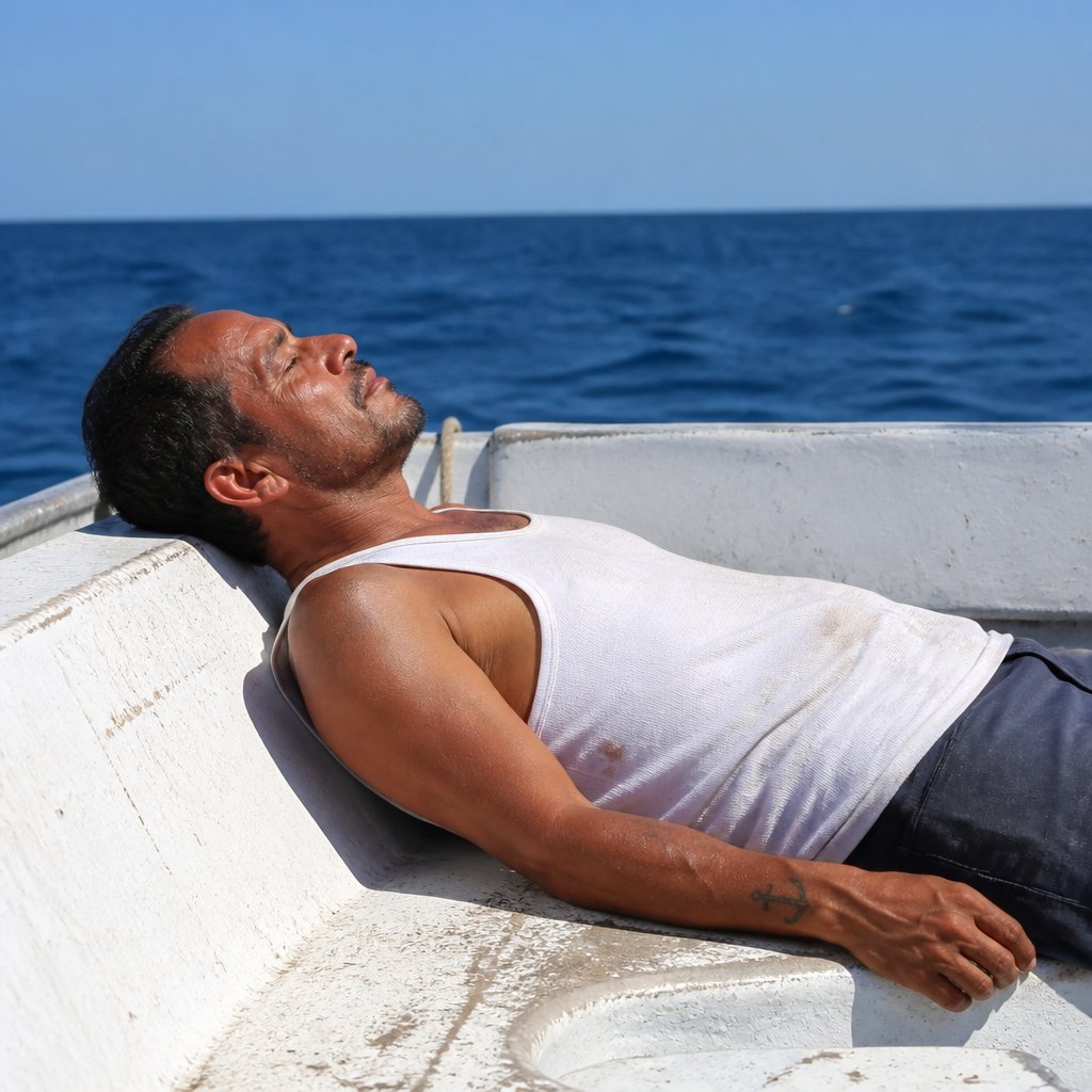 Man lying still on small boat deck under clear sky, conserving energy in white tank top.