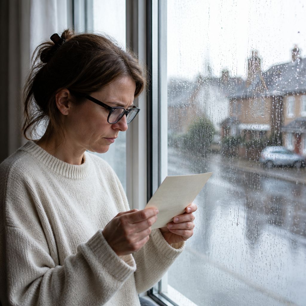 Woman holding letter near rainy window, face showing tension and worry.