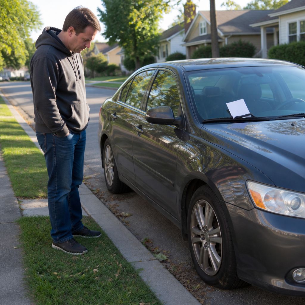 Man inspecting car with slashed tires and threatening note