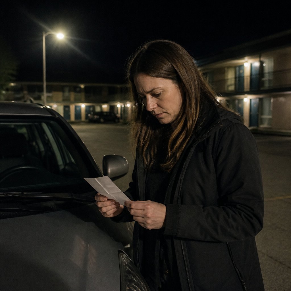 Woman reading a threatening note found on car windshield