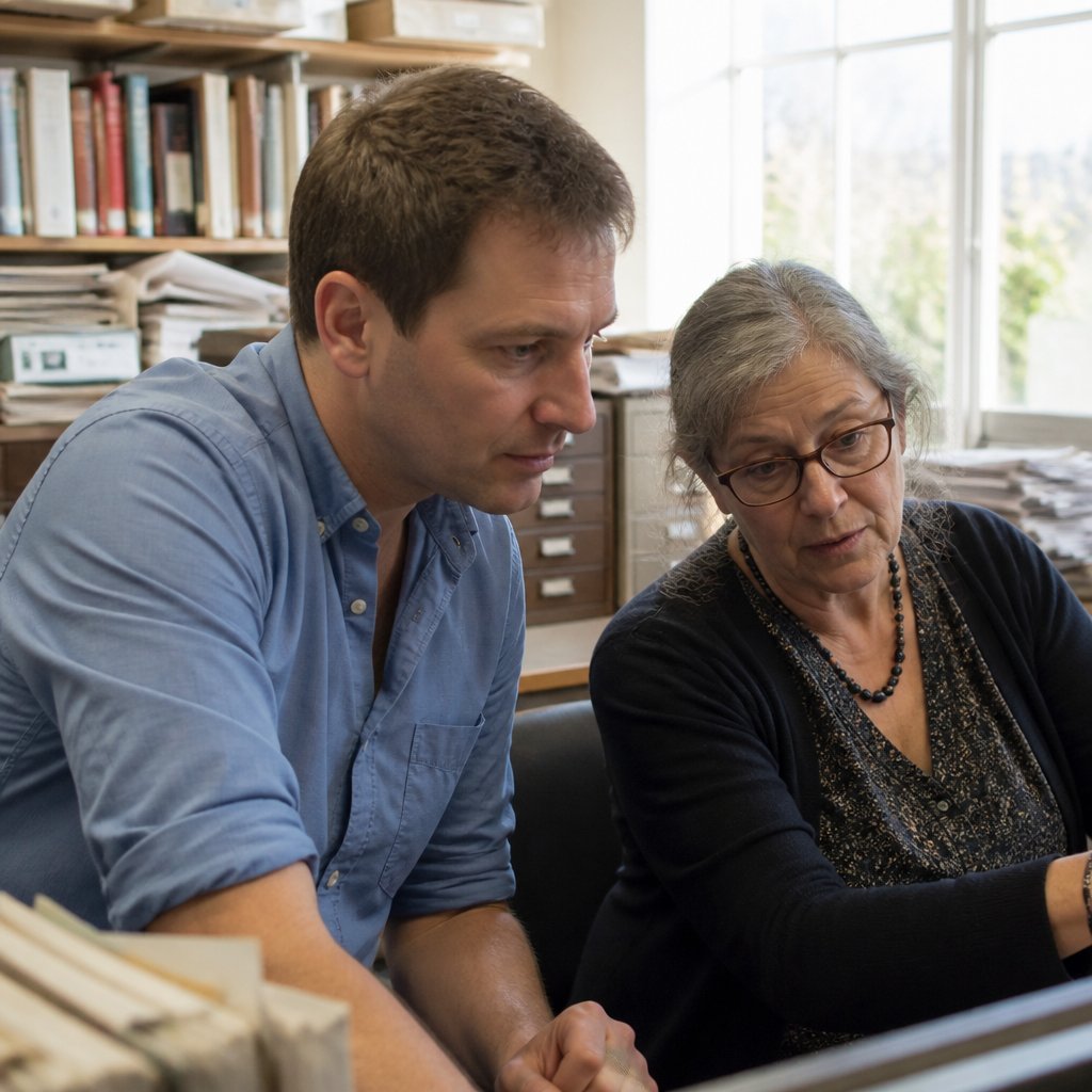 Man and woman examining roster data on a computer in a museum.