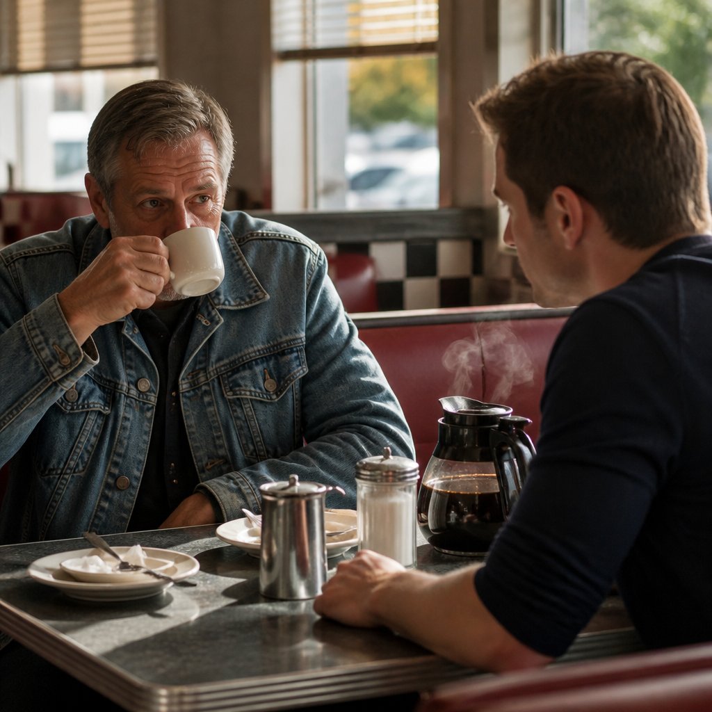 Two men in a diner booth, one older with graying hair, the other younger with short brown hair, talking seriously over coffee.
