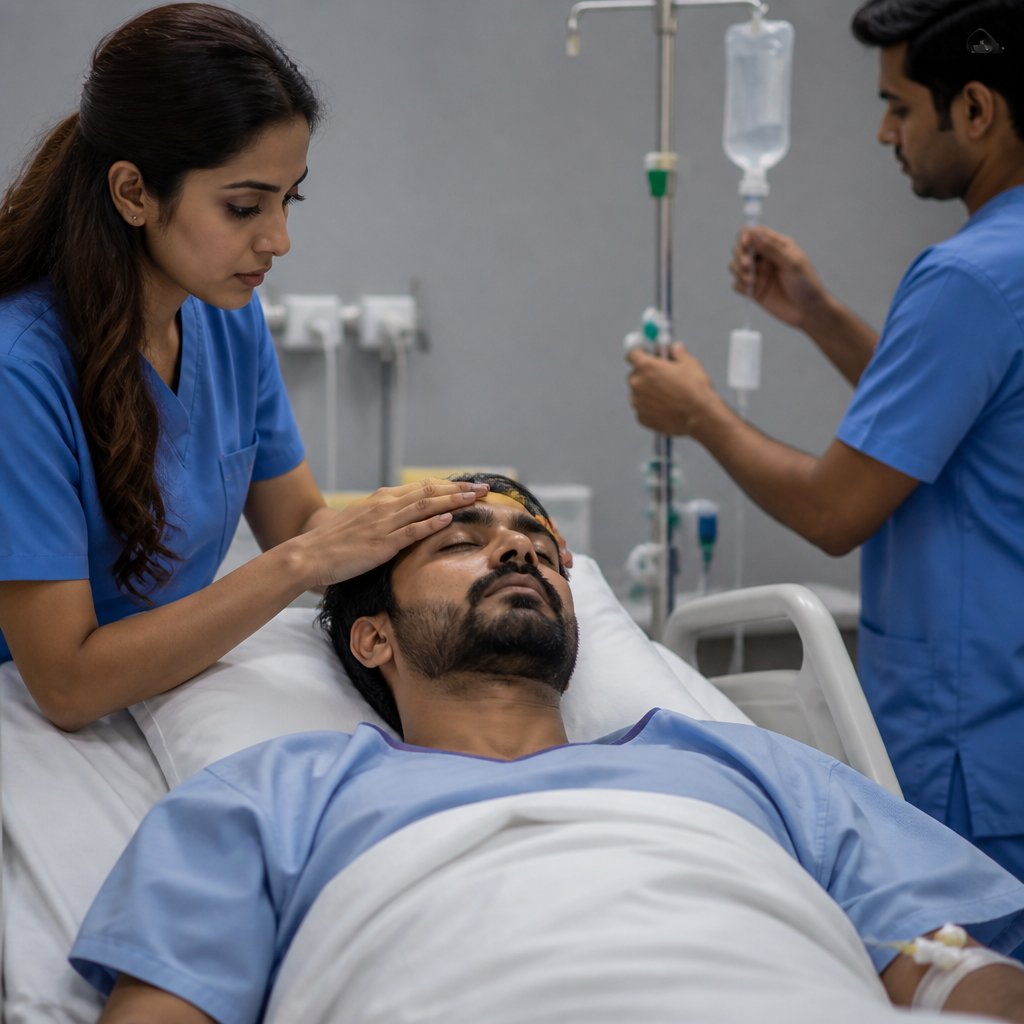 Patient in ICU bed with a nurse holding his forehead and a clinician adjusting an infusion pole.