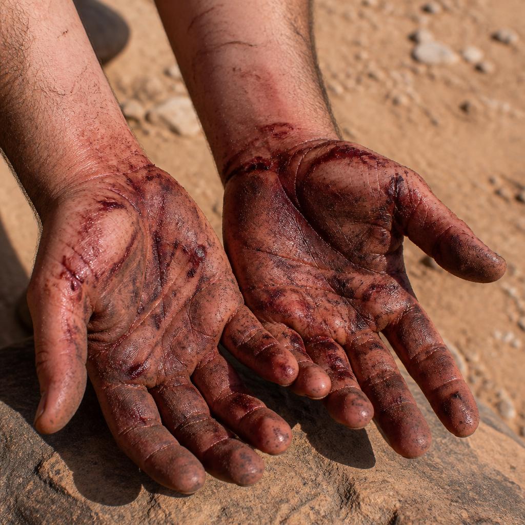 Close-up of hands with dried dark blood and dust caked in the creases, resting on rock.