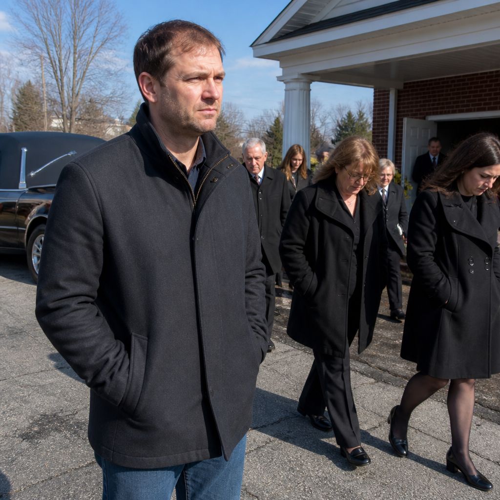 Man standing outside funeral home watching people enter solemnly.
