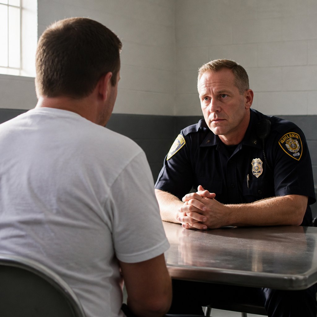 Man in police interview room facing tough questions