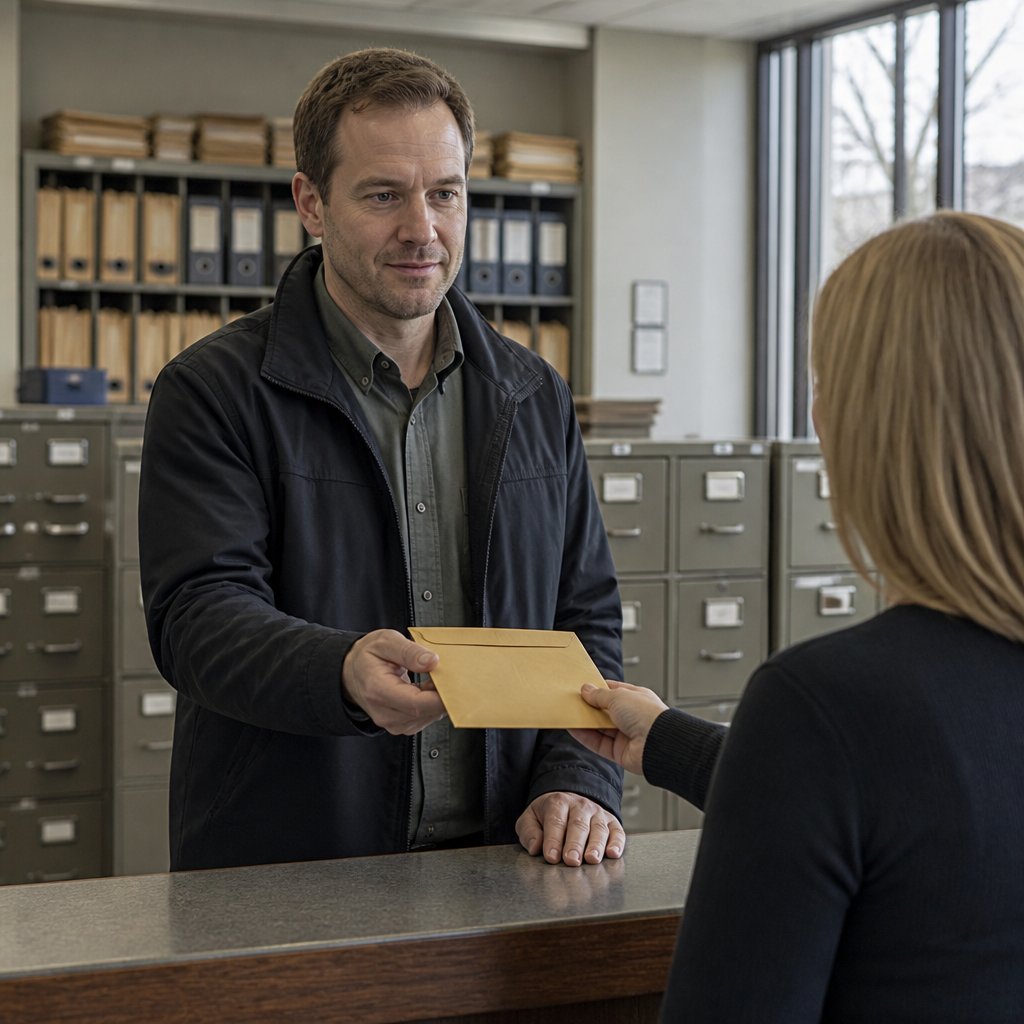 Man receiving a single old surveillance photo from records office clerk