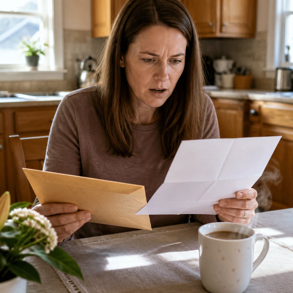 Woman examining birth certificate documents at kitchen table