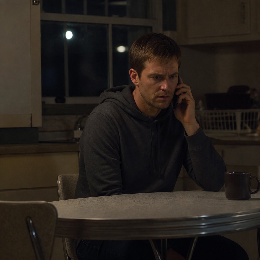 Man taking a tense phone call at night, looking worried.