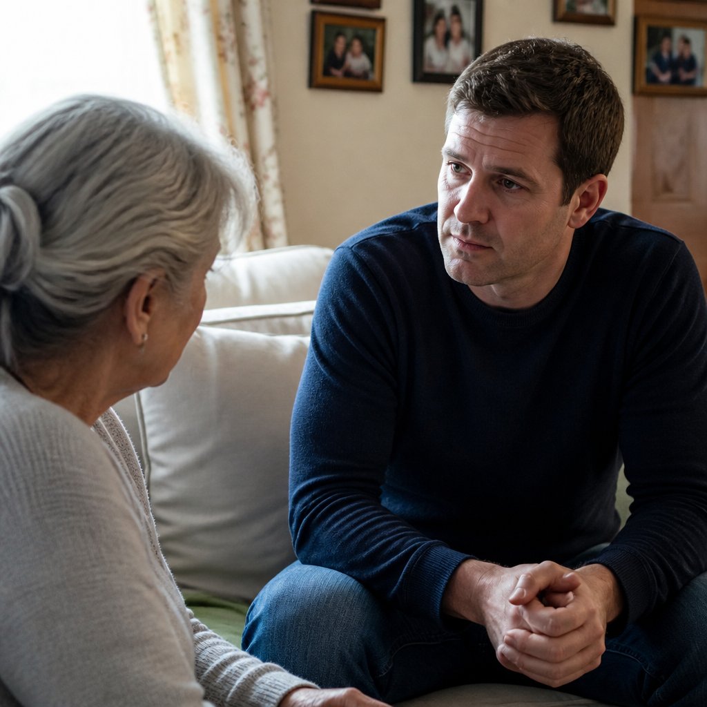An elderly woman with silver hair hesitantly speaking to a man with short brown hair in a modest living room, both tense and focused.