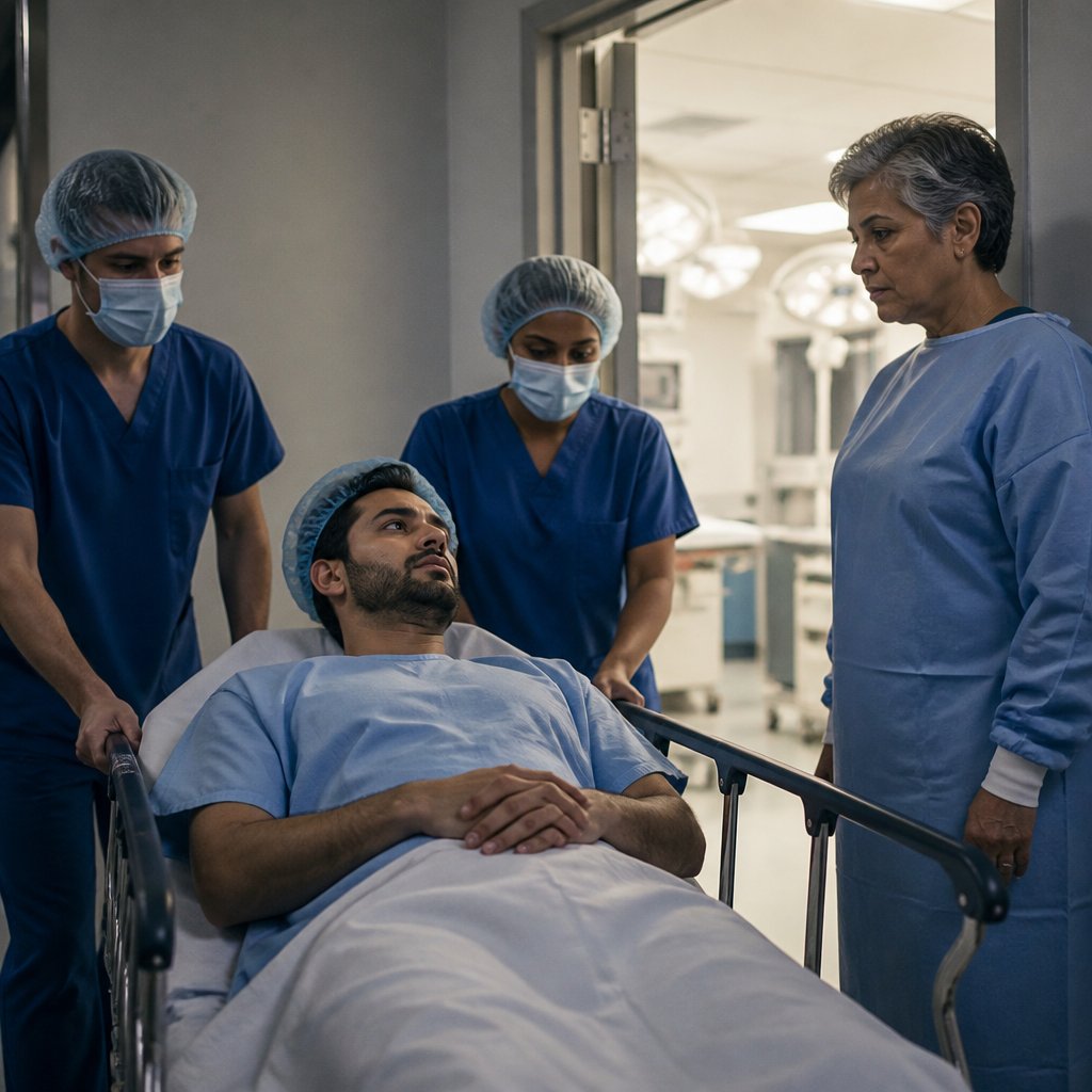 Patient being guided into the OR with the neurosurgeon standing at the doorway and sterile instrument trays visible.