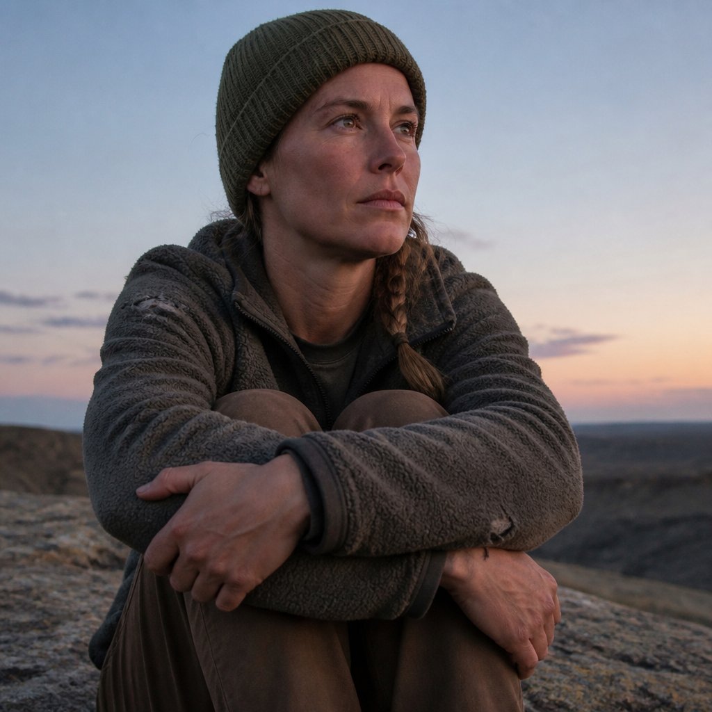 Woman sitting on a rock at dusk, cupping her ear and looking toward the horizon as she listens for a distant horn.