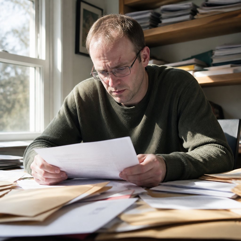 Man sitting at desk overwhelmed by paperwork and rejection letters.