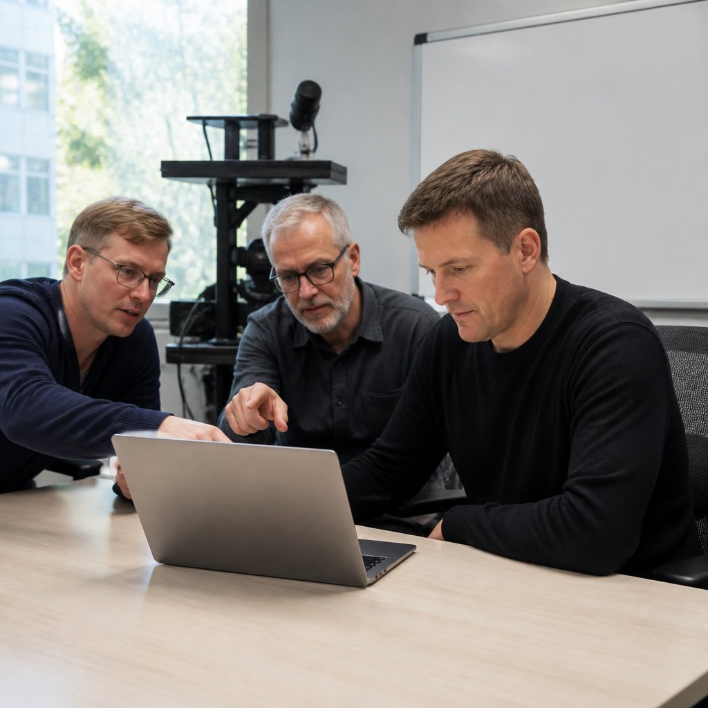Man reviewing back-office Speedway footage with Lottery tech team