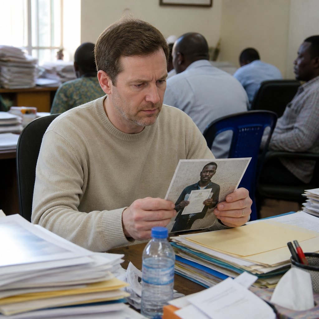 Man examining photo of someone holding a birth certificate that isn’t his